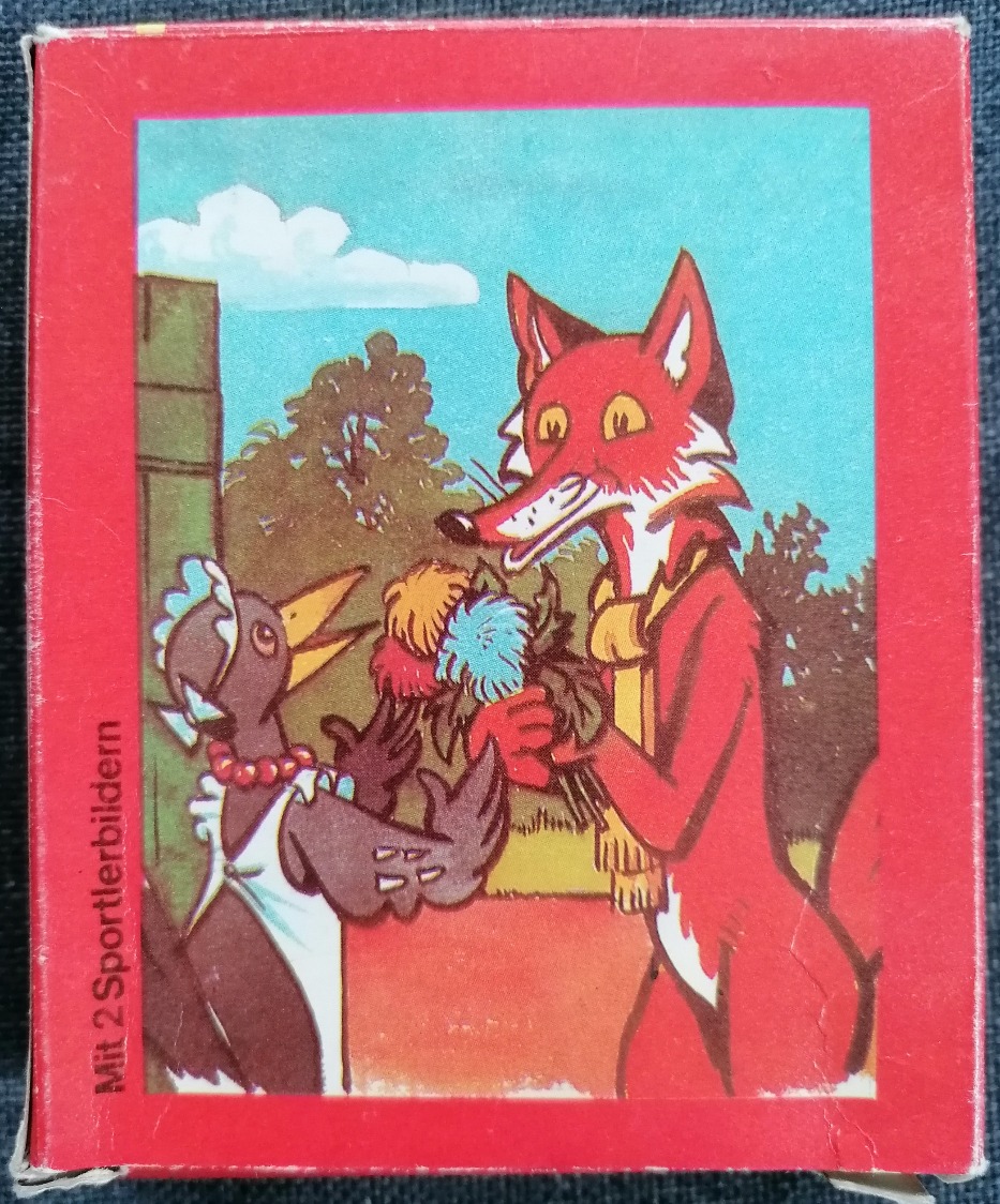 A cartoon illustration of a red fox in a scarf offering a bouquet of flowers to a black bird in a white apron.