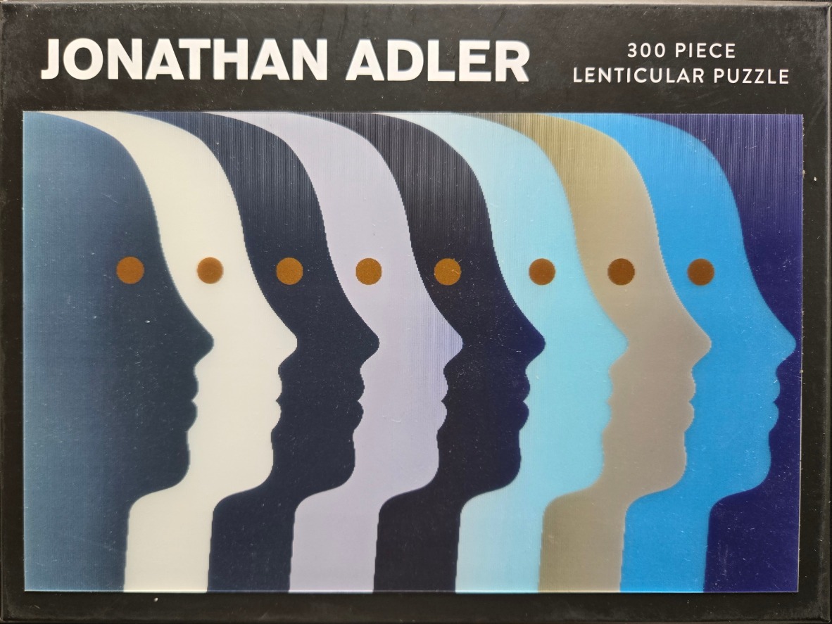 A series of eight profile silhouettes in alternating shades of blue, grey, and white with a gold dot at each eye.