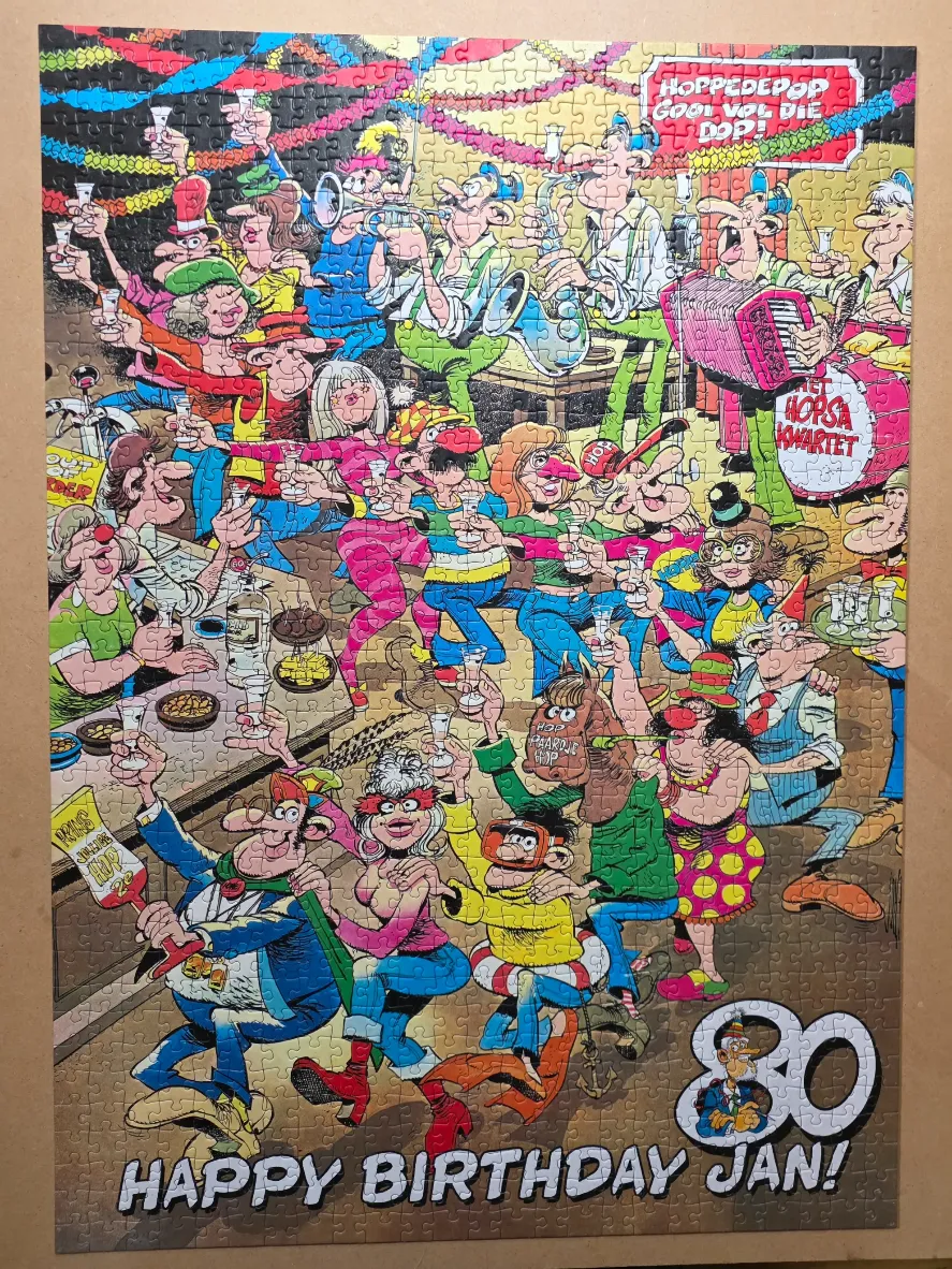 Cartoon scene of a rowdy birthday party celebration featuring a band, dancing revelers, and the text Happy Birthday Jan!