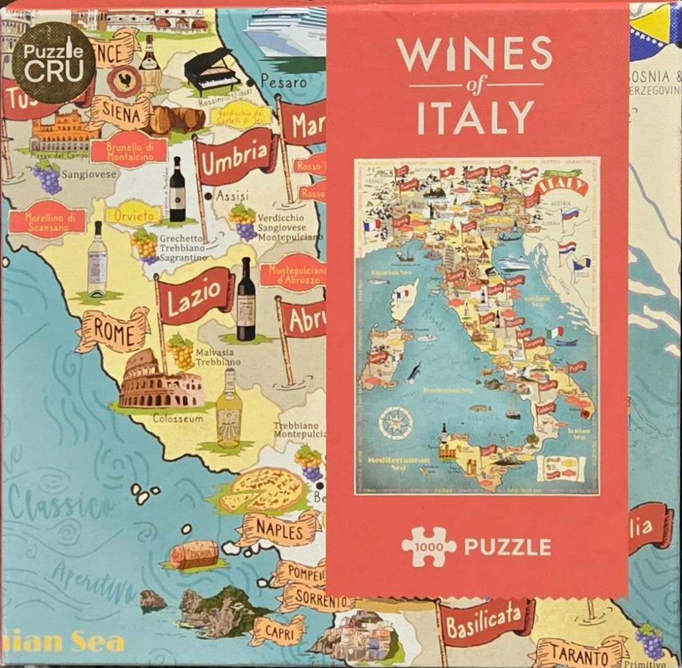 An illustrated map of Italy featuring wine bottles, regional names, and cultural landmarks.