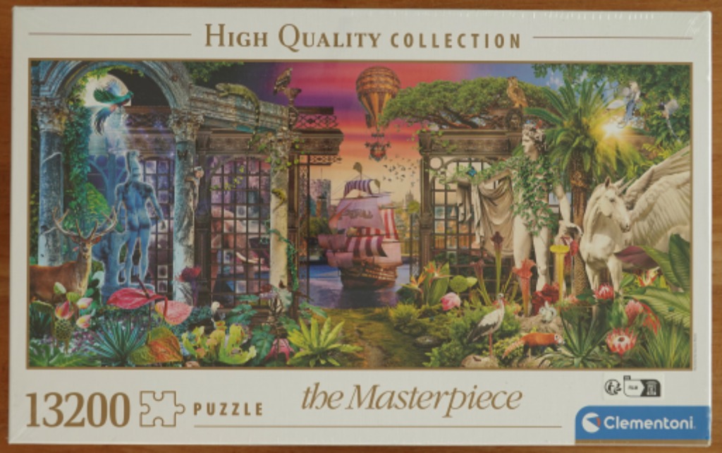 A surreal fantasy scene featuring classical ruins, a flying ship, a pegasus, and various wildlife.