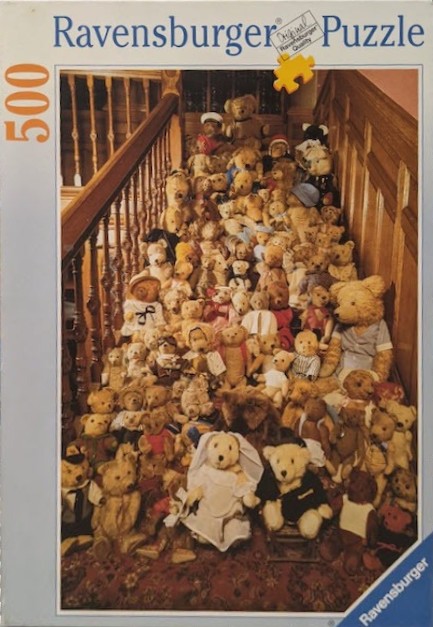 A staircase densely packed with dozens of vintage teddy bears of various sizes and styles.