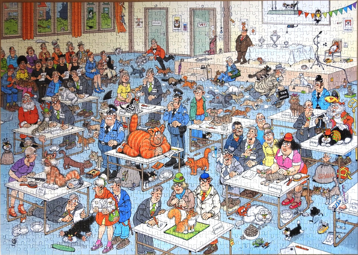 A crowded illustration of a cat show with many cats and people