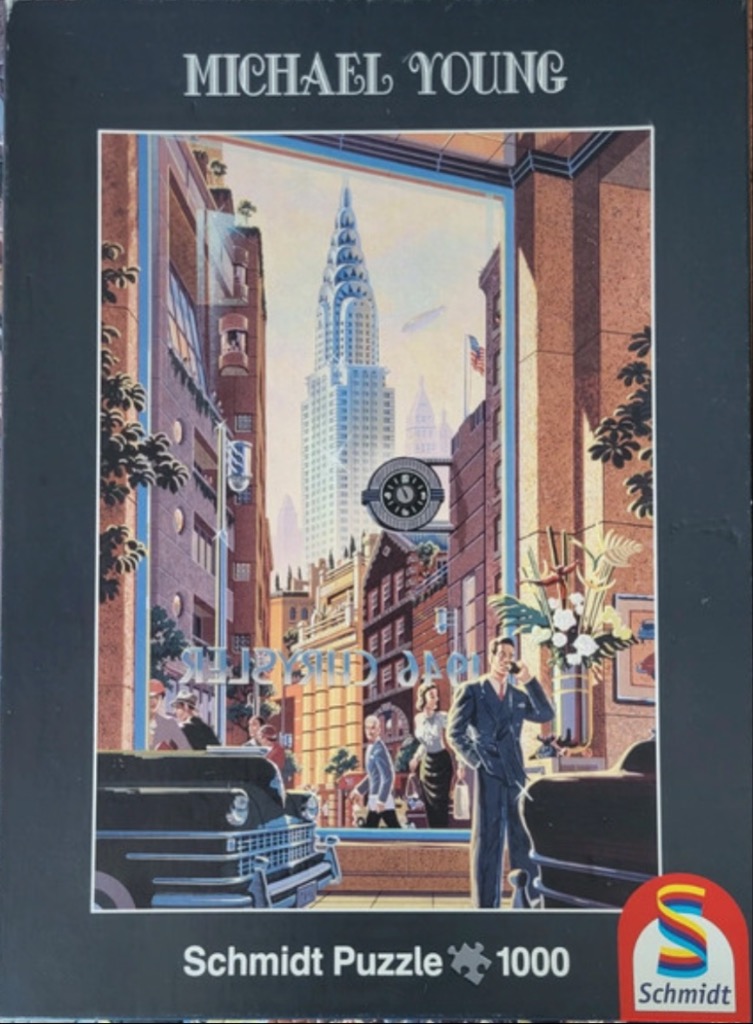 An illustration of a 1940s New York City street scene featuring the Chrysler Building through a window.