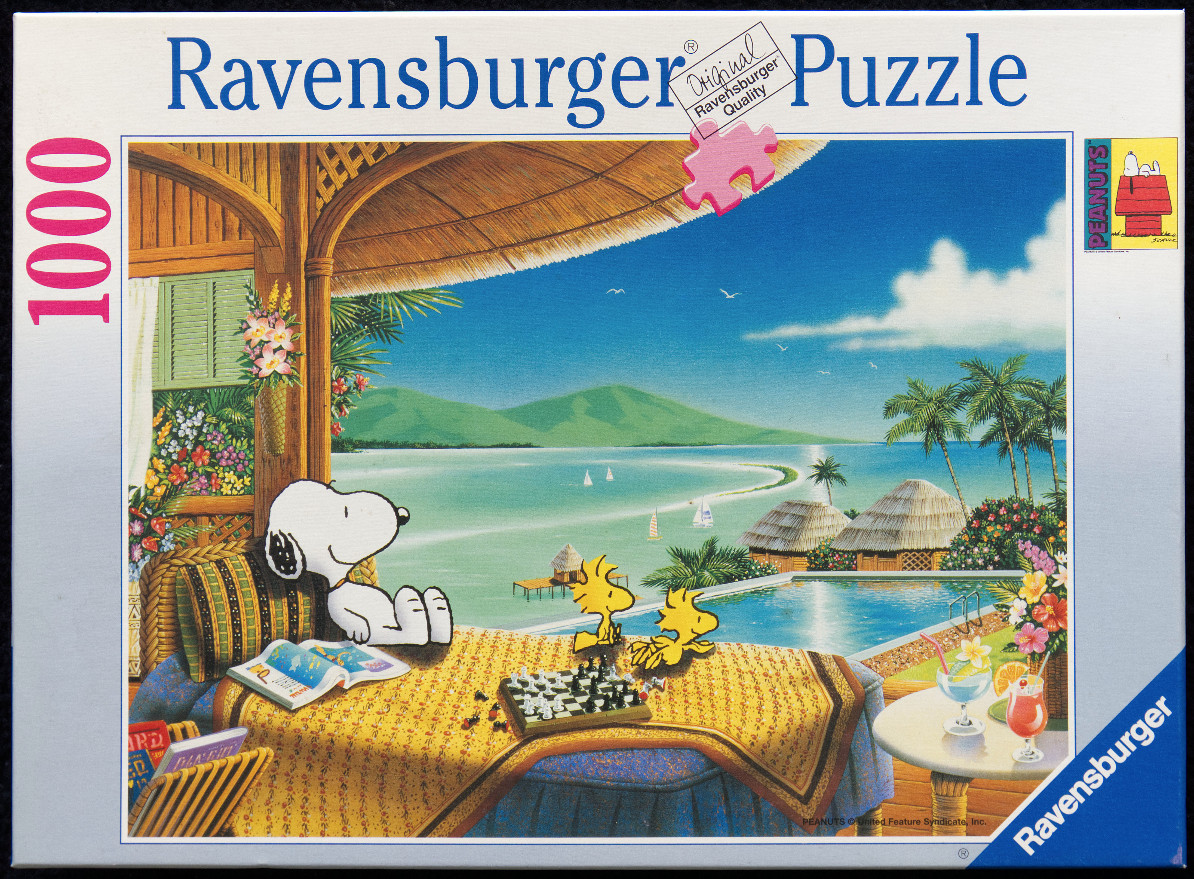 Snoopy and Woodstock relaxing on a tropical balcony overlooking the ocean
