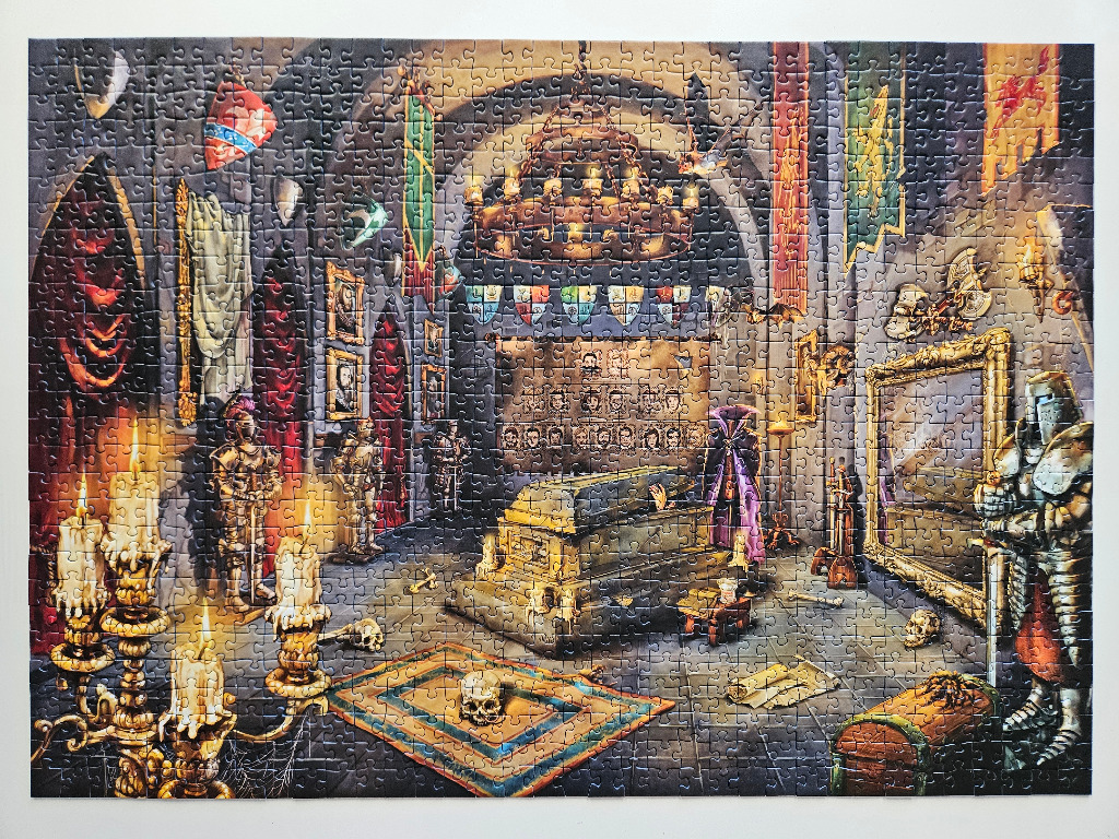 Illustration of a gothic castle interior featuring knights, a stone sarcophagus, and ancestral portraits.