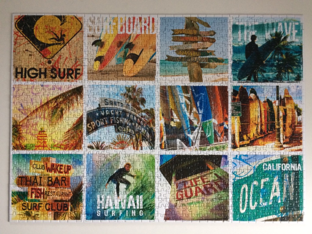 A collage of 12 vintage-style surfing and beach-themed travel posters.
