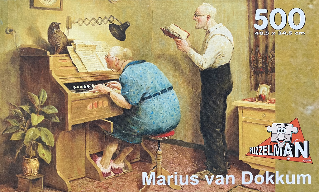 An elderly couple making music together in a cozy room, an illustration by Marius van Dokkum.