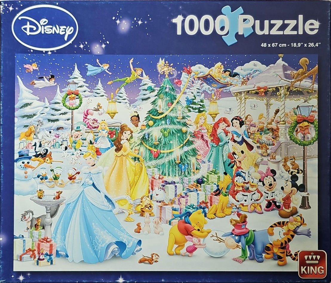 A festive illustration featuring a large gathering of Disney characters around a decorated Christmas tree in the snow.