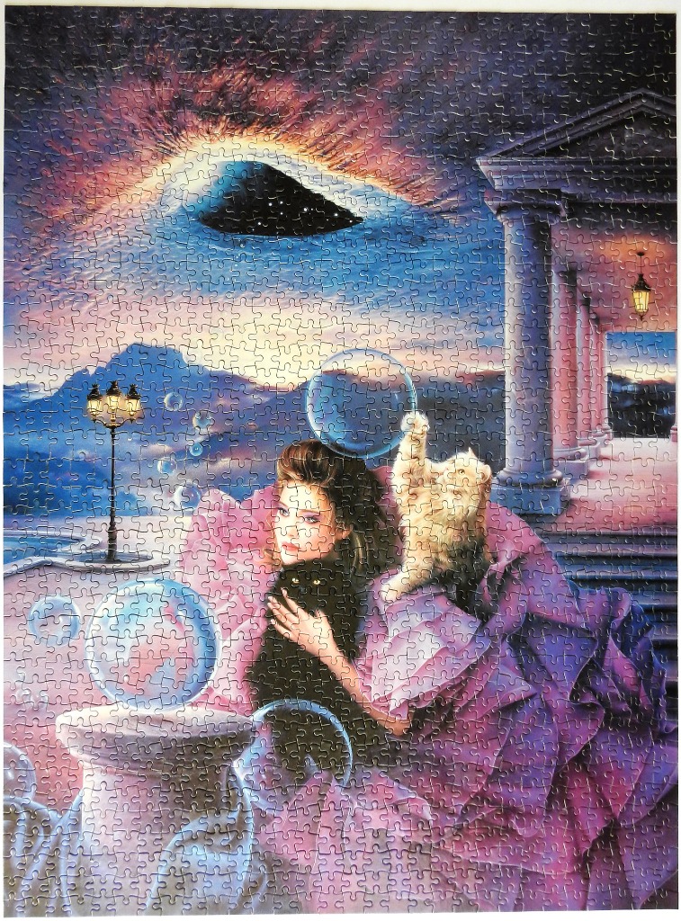 A woman in a frilly pink dress holds a black cat while a fluffy cat bats at a bubble on a terrace under a cosmic sky.