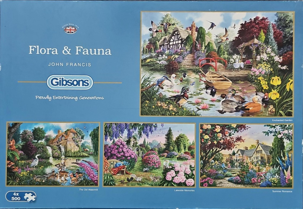 Four detailed landscape paintings depicting picturesque English gardens and waterside scenes by John Francis.