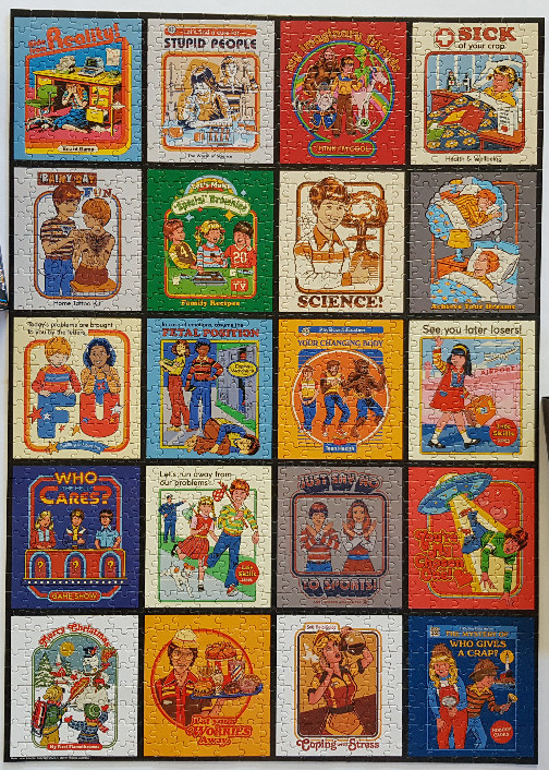 A collage of 20 humorous, retro-style book cover illustrations featuring satirical titles and quirky cartoon characters.