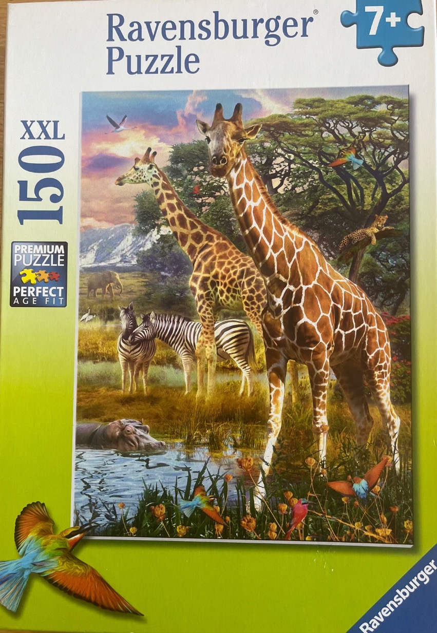 African savanna scene featuring two giraffes, zebras, and a hippopotamus at sunset.