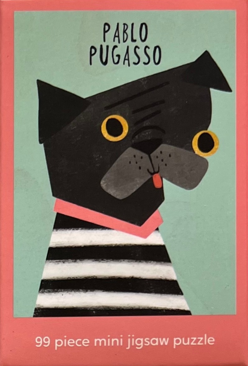 A whimsical illustration of a black pug wearing a striped shirt against a light green background.