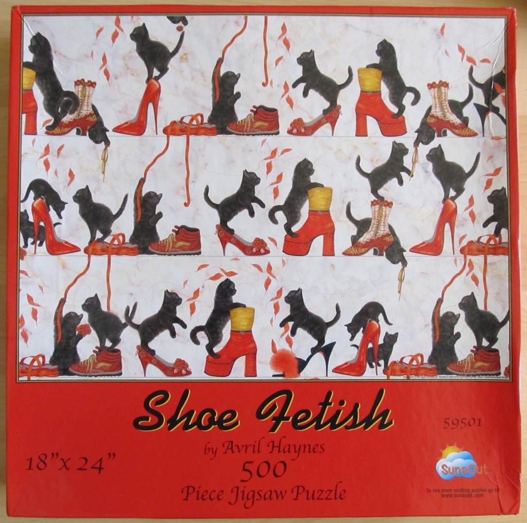 Whimsical illustration of black kittens playing with red shoes against a marble-textured background.