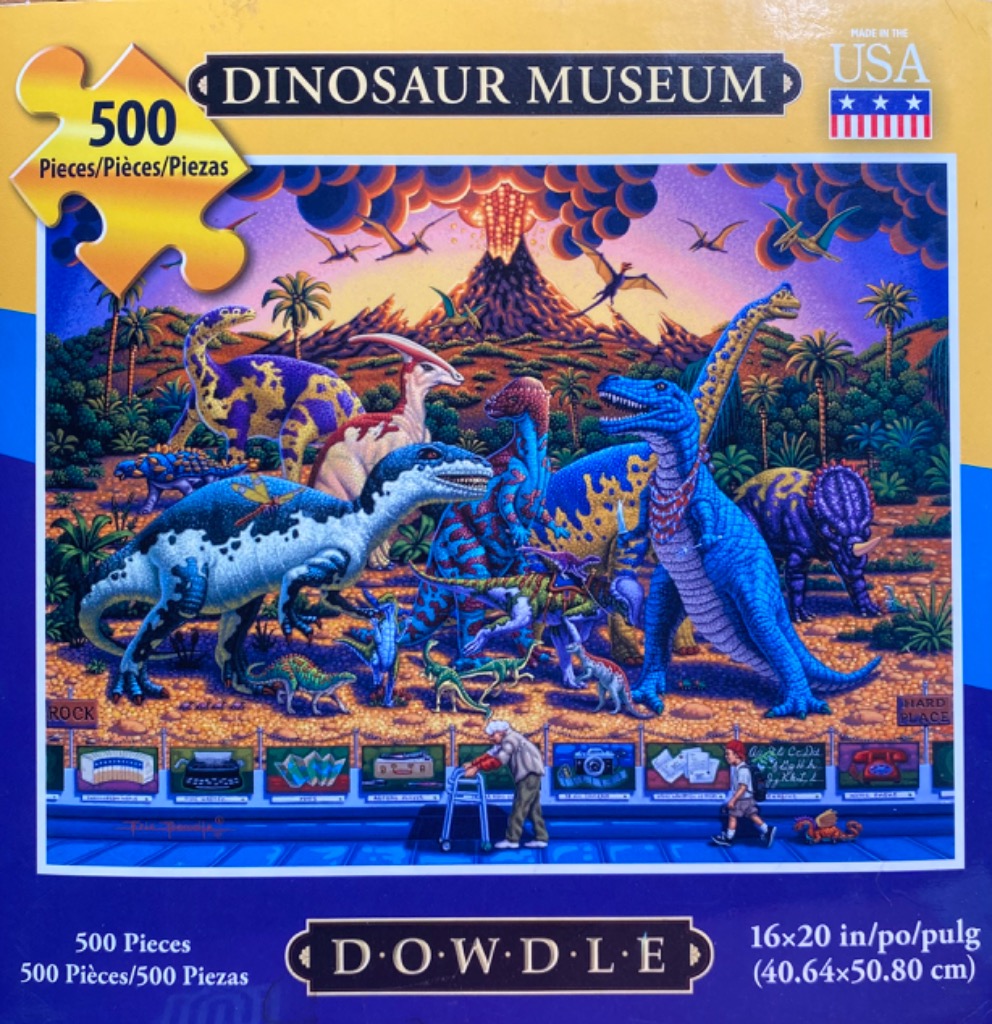 A whimsical illustration of a dinosaur exhibit at a museum, featuring brightly colored dinosaurs and museum visitors.