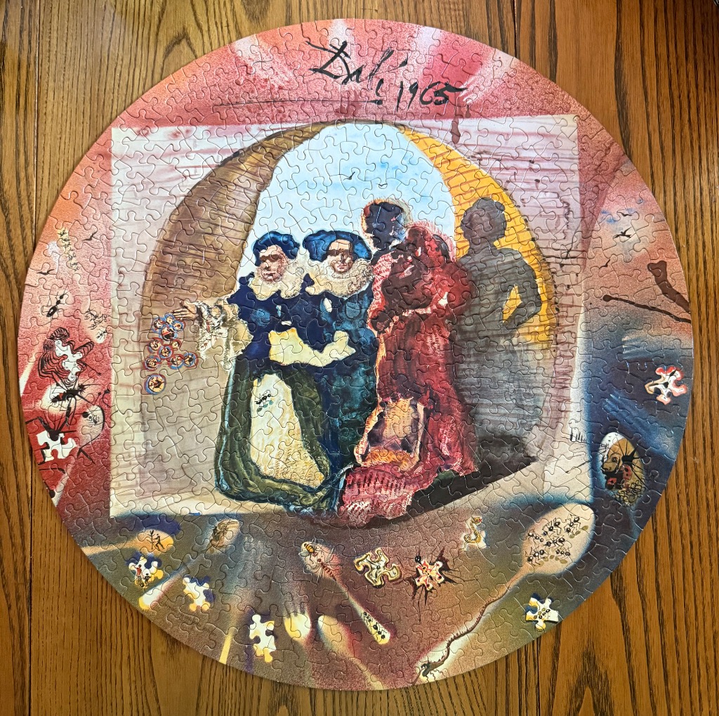 A surrealist circular painting featuring three figures in period clothing standing before an archway.