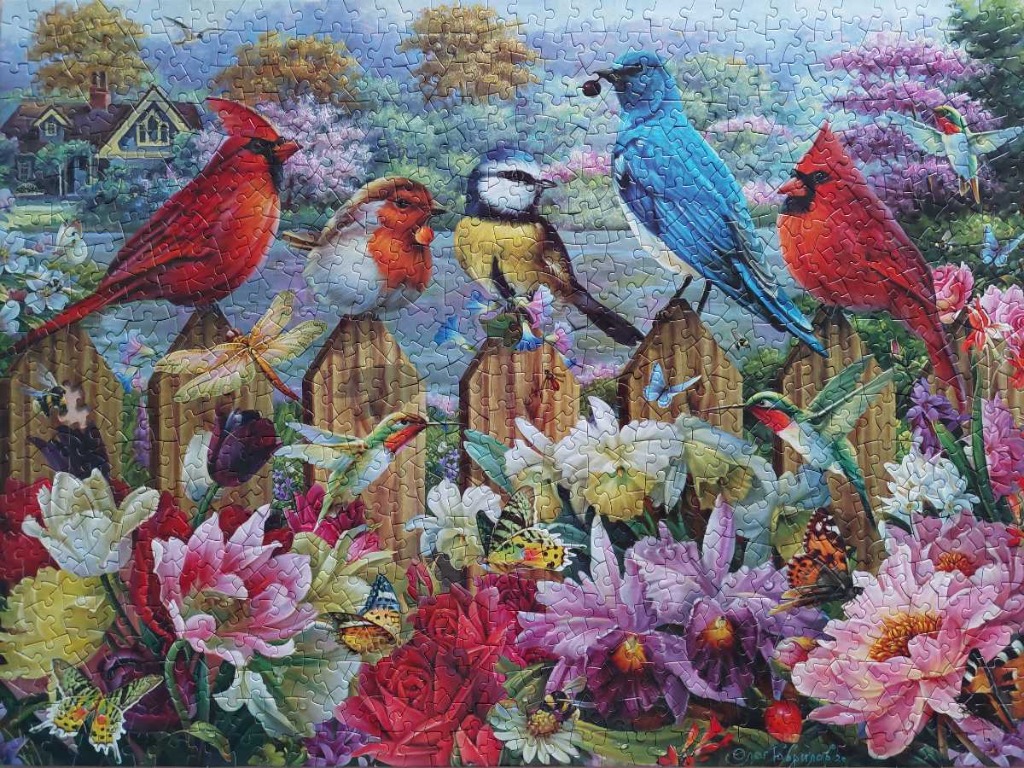 A vibrant garden scene featuring five birds perched on a wooden fence surrounded by colorful flowers and butterflies.