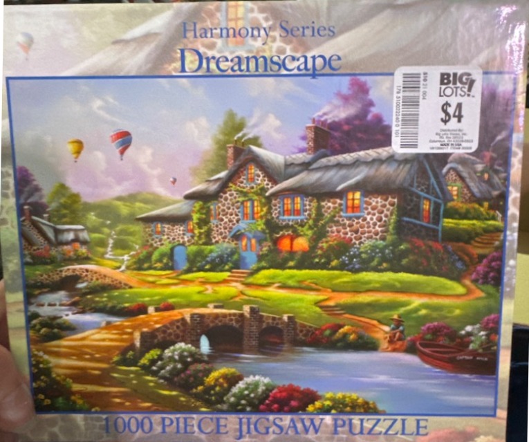 A peaceful, painterly scene of a stone cottage by a stream with hot air balloons in the sky.