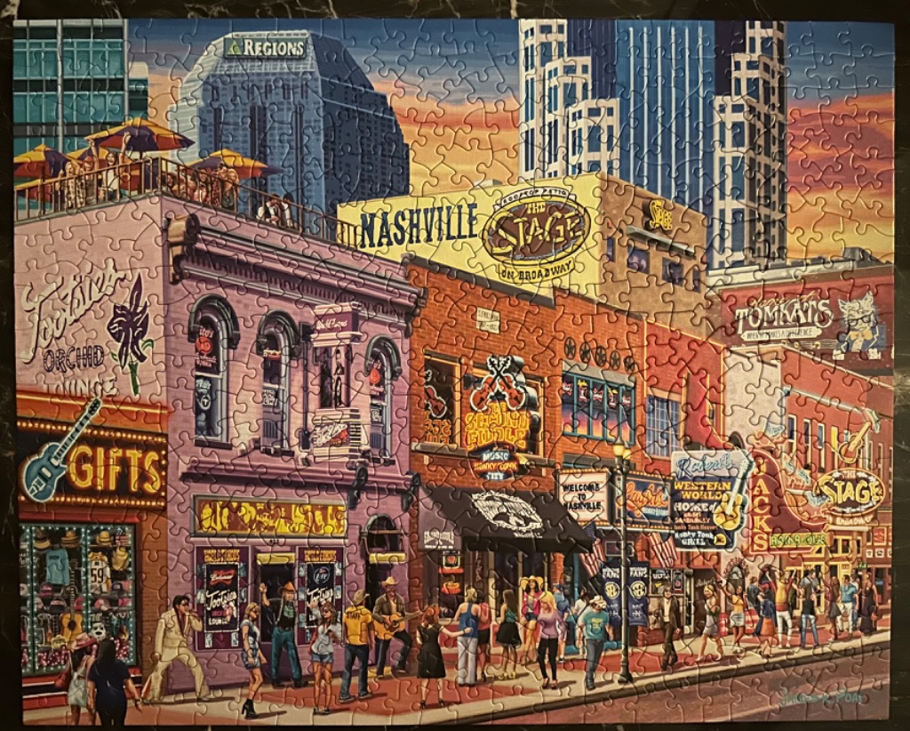 Illustration of the bustling Nashville Broadway street scene with colorful honky-tonk bars and crowds.