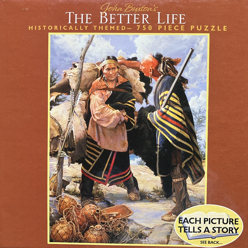 Painting of a Native American man and woman in traditional clothing in a rocky outdoor setting.