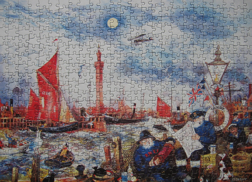 A nostalgic painting of Grimsby harbor featuring red-sailed fishing boats, a tall tower, and two sailors in the foreground.