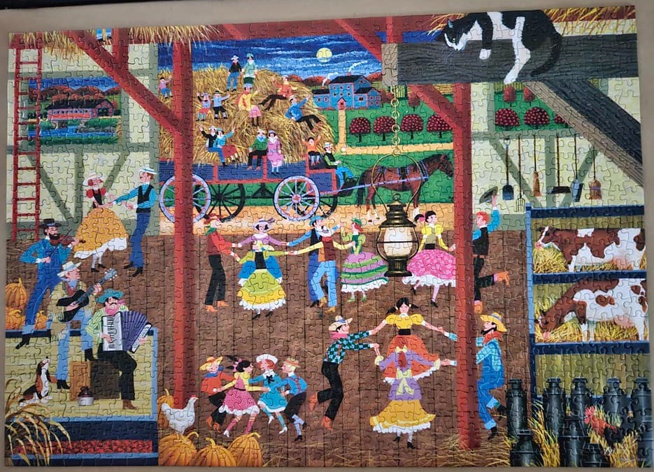 Folk art illustration of a lively barn dance with musicians, dancers, and farm animals.