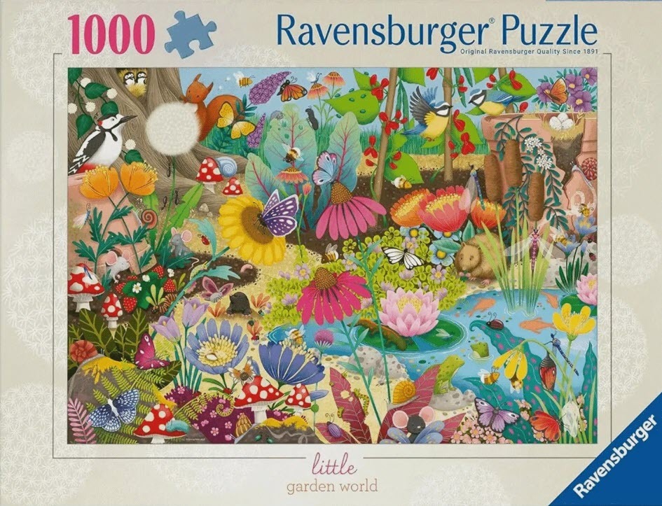 A detailed illustration of a lush garden filled with colorful flowers, insects, birds, and small mammals.
