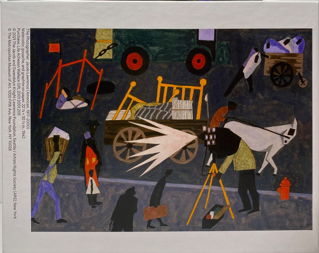 Jacob Lawrence painting of a street scene with a horse-drawn cart, workers, and a photographer.