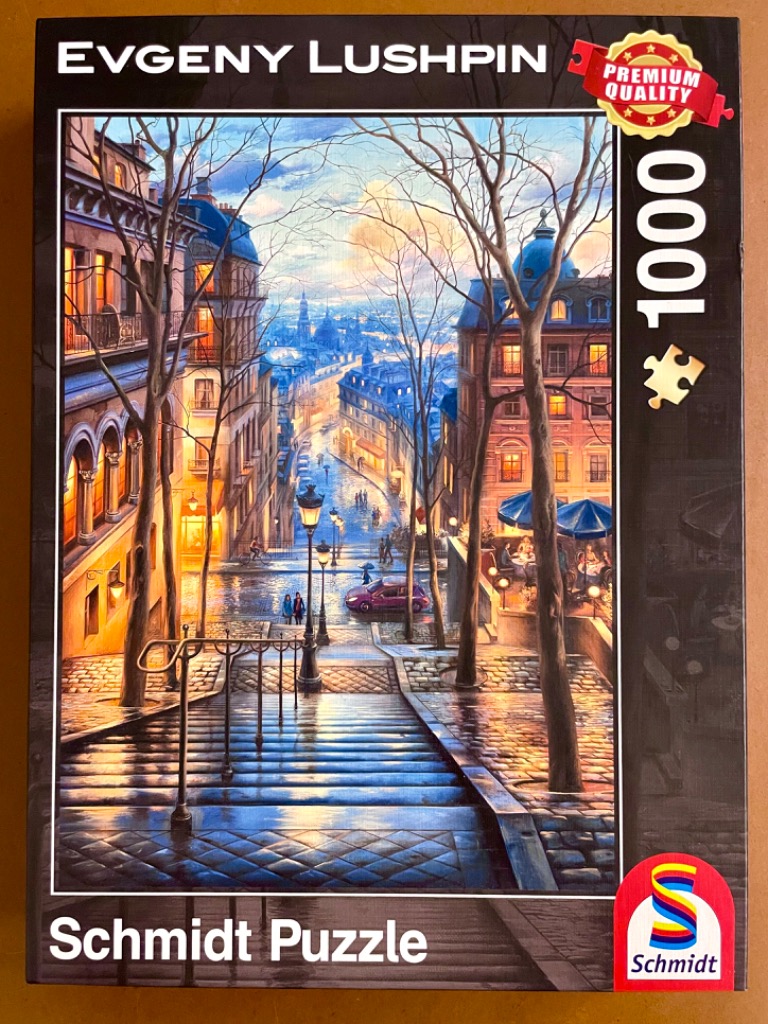 A romantic European street scene at twilight with wet stone stairs, glowing streetlamps, and warm building lights.