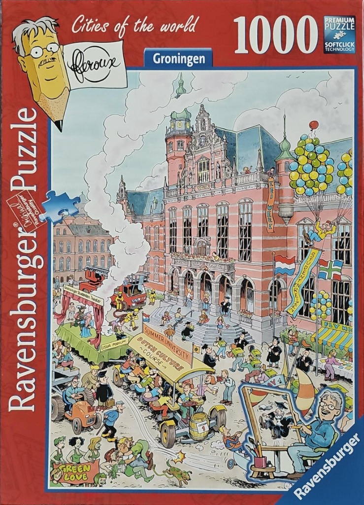 Cartoon illustration of a busy city square in front of the Groningen city hall featuring festival activities.