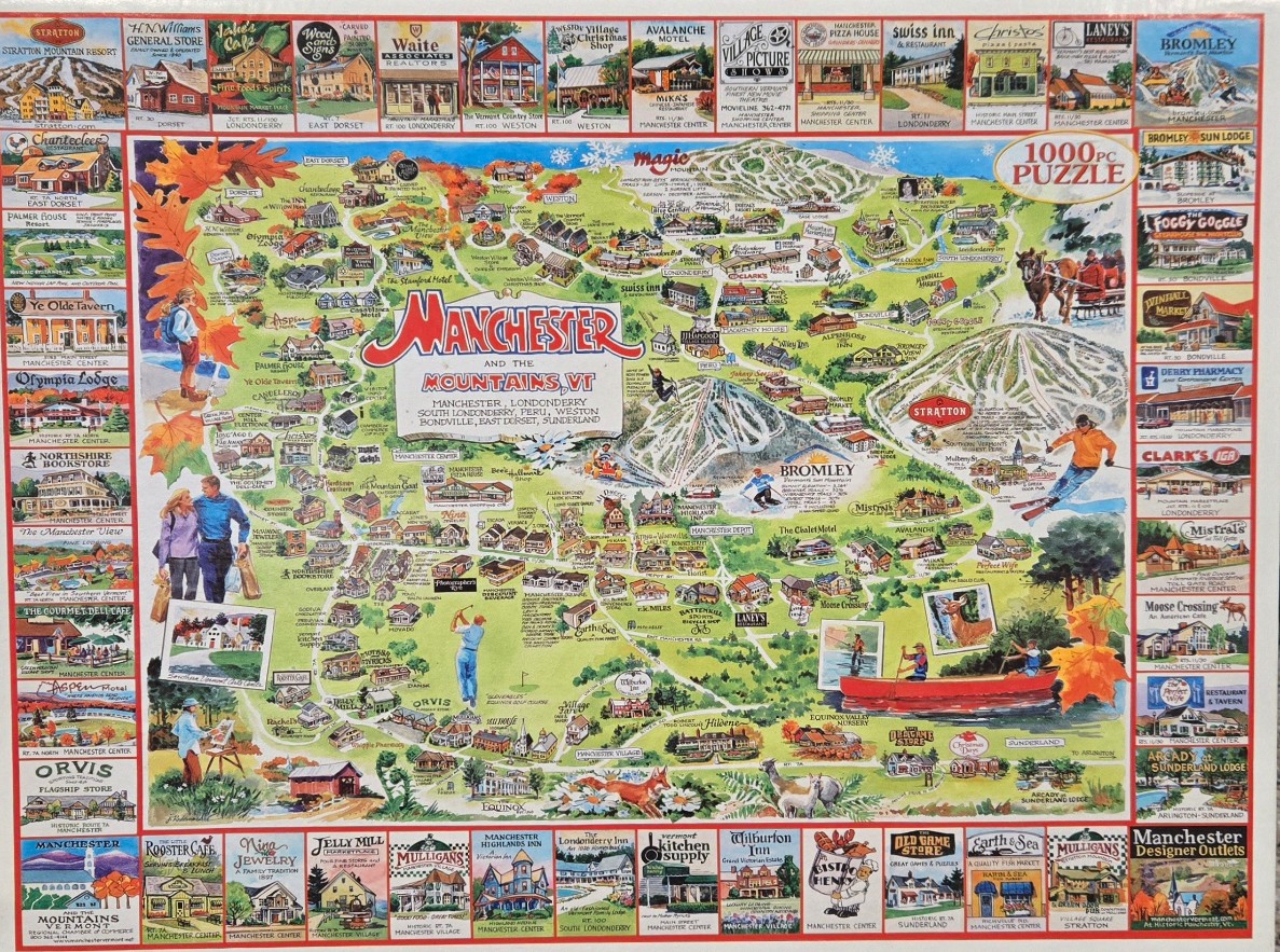 Illustrated pictorial map of Manchester and the Mountains, Vermont, surrounded by small vignettes of local landmarks.