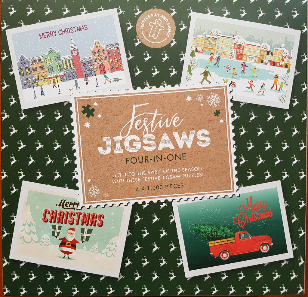 Four illustrated Christmas-themed scenes on a dark green background with a reindeer pattern.