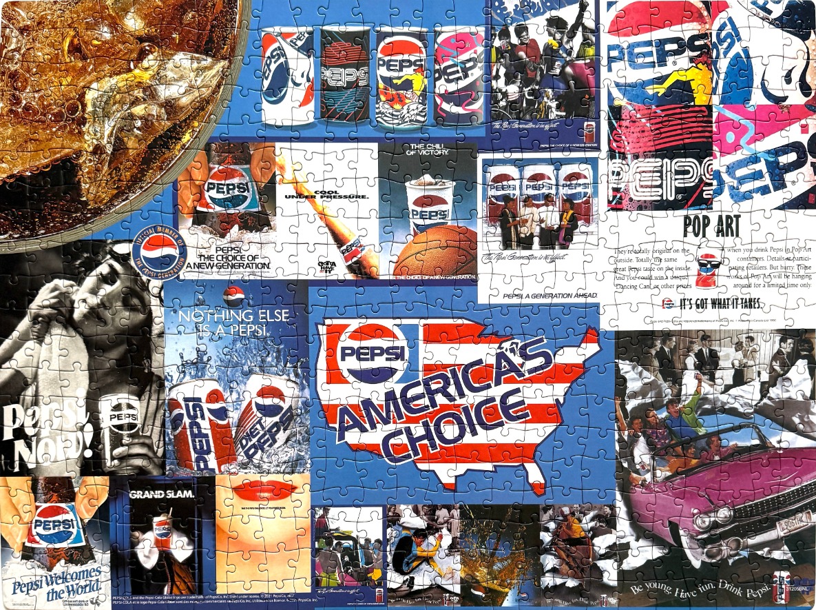 A collage of vintage Pepsi advertisements, soda imagery, and American themed graphics.