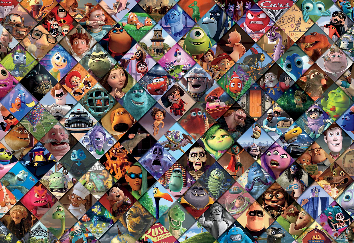 A collage of various Disney and Pixar animated characters arranged in a diamond-tiled grid pattern.
