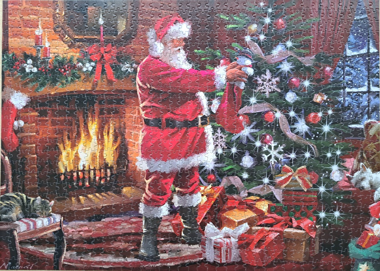 Santa Claus decorating a Christmas tree by a fireplace in a cozy, warm room.