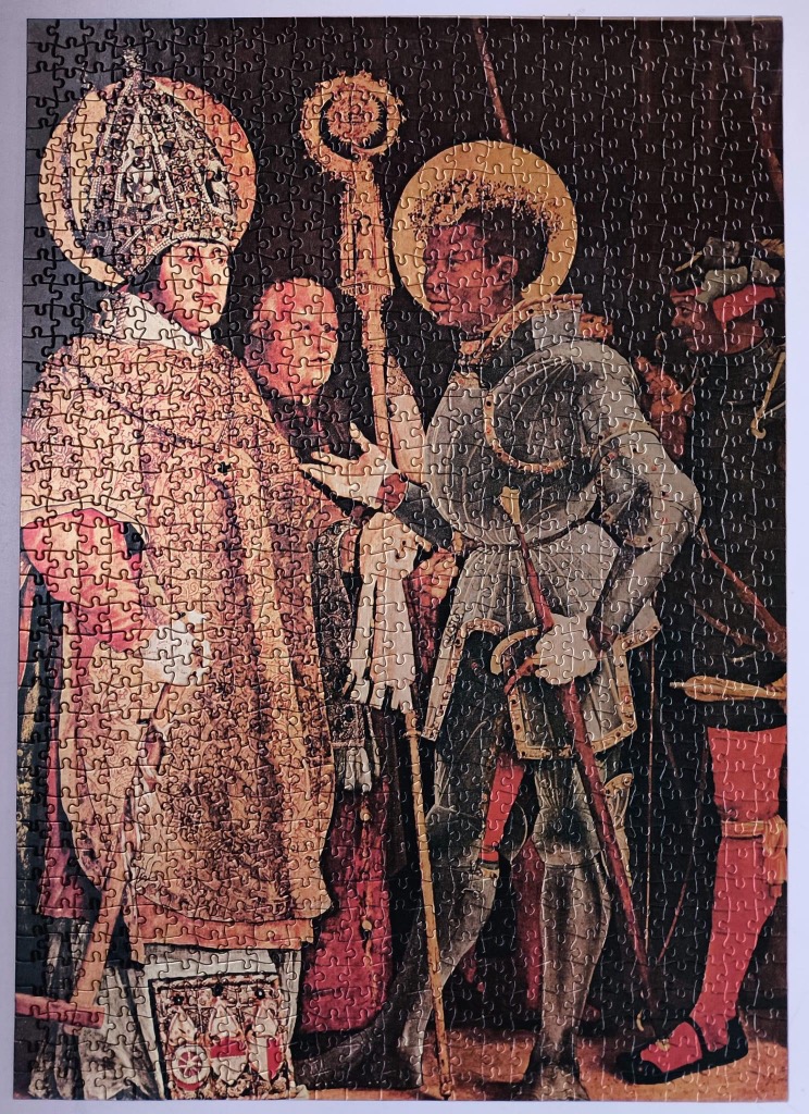 A Renaissance-style oil painting featuring a Bishop and a Saint in armor facing each other.