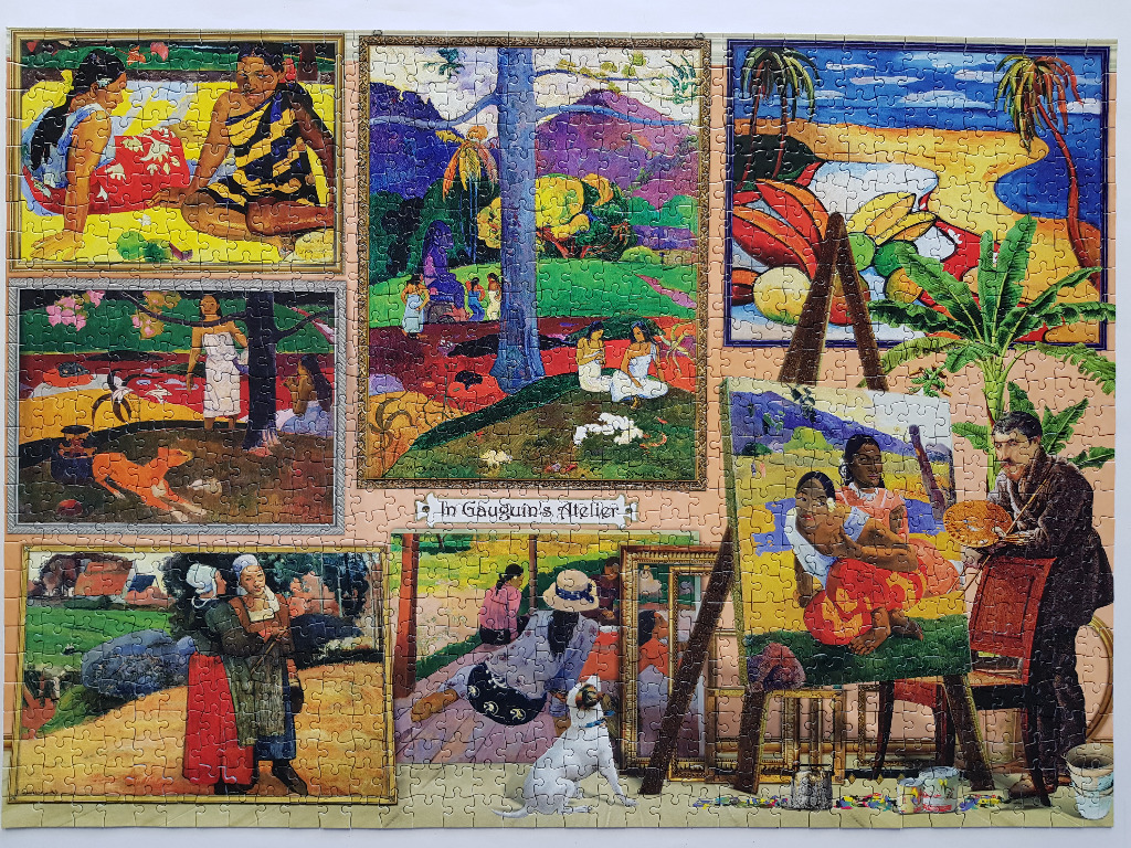 A montage of Paul Gauguin paintings in an artist's studio setting featuring an easel and a painter.