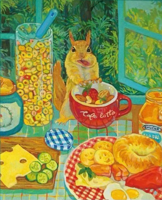 A squirrel at a breakfast table with fruit, cereal, and pastry in an oil painting style.