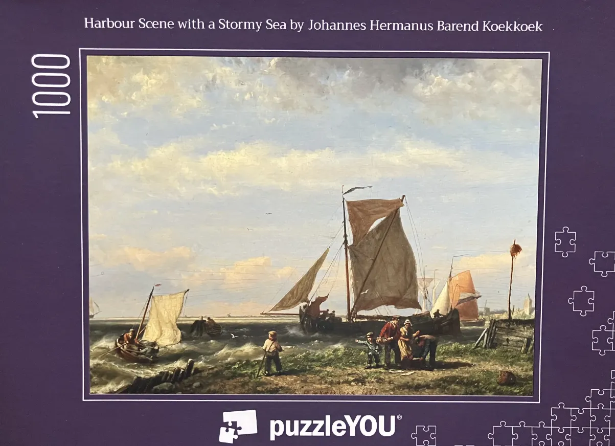 Oil painting of a 19th-century Dutch harbour scene featuring sailboats on a choppy sea with figures on the shore.