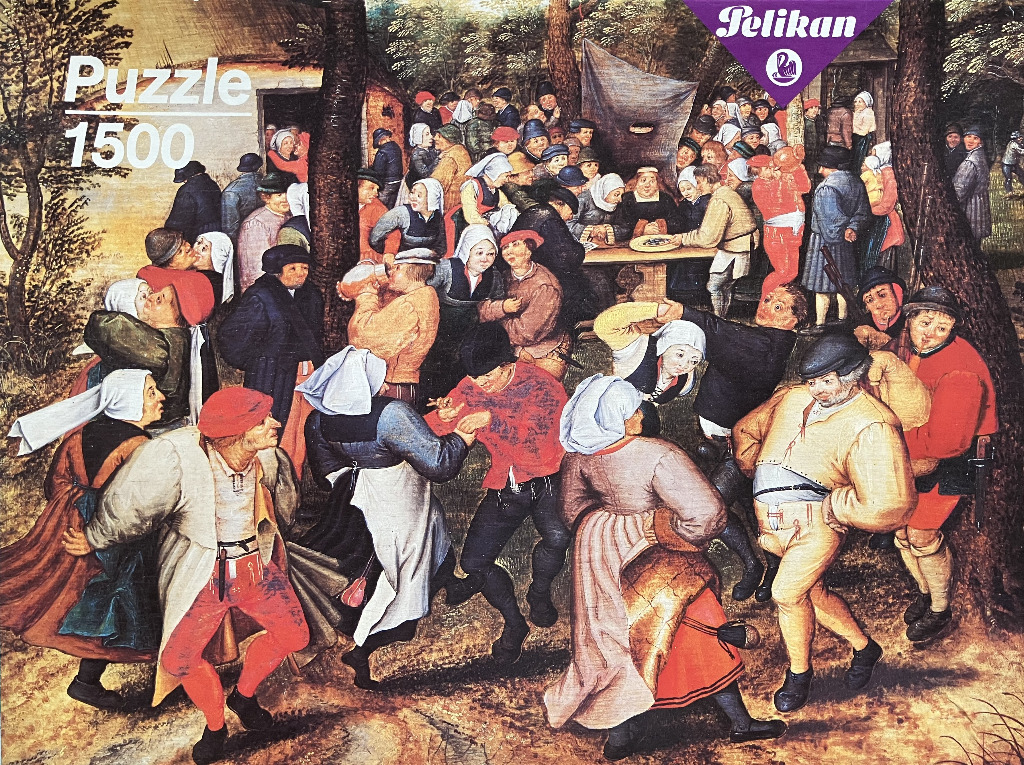 An oil painting depicts a lively sixteenth-century peasant wedding feast with figures dancing and eating outdoors.