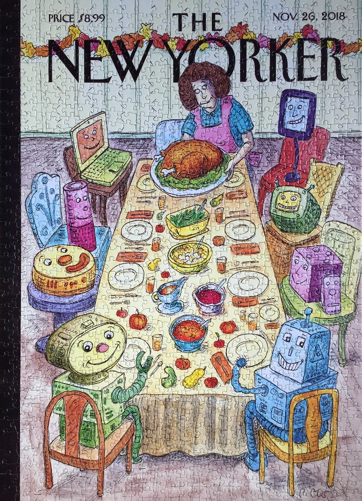 A whimsical New Yorker magazine cover illustration of a woman serving Thanksgiving dinner to anthropomorphic electronics.