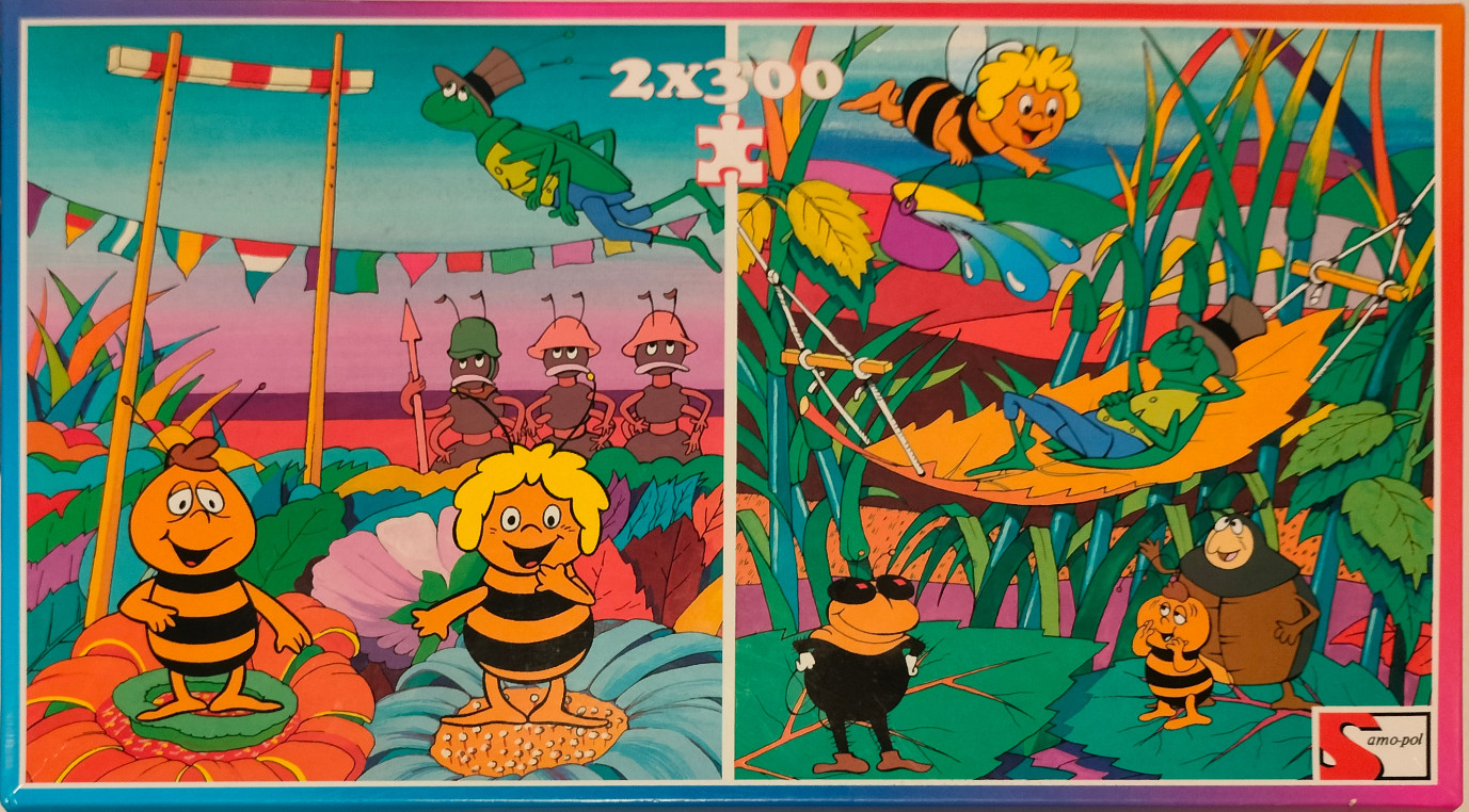 Cartoon illustration split into two scenes featuring Maya the Bee and insect friends in a vibrant garden.