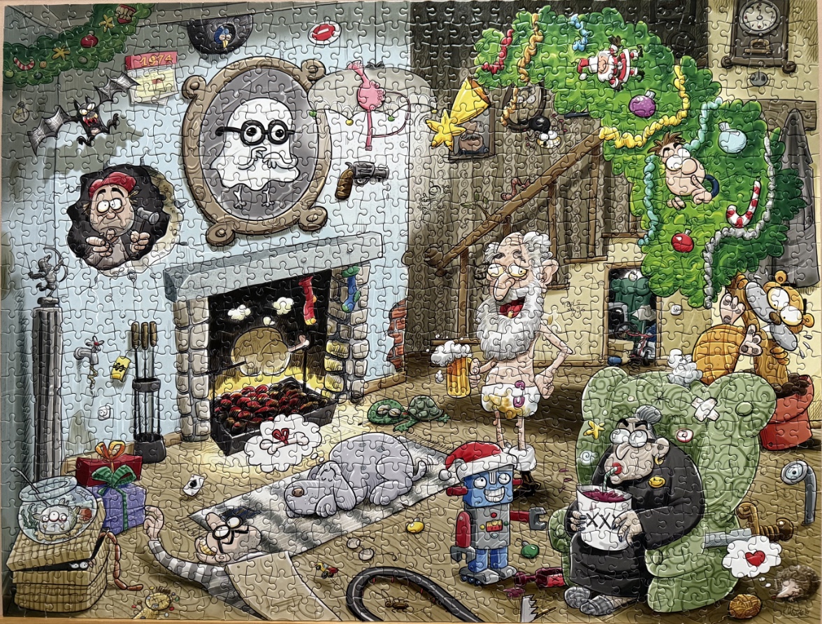 A chaotic, humorous cartoon illustration depicting an elderly couple celebrating a strange, indoor Christmas scene.