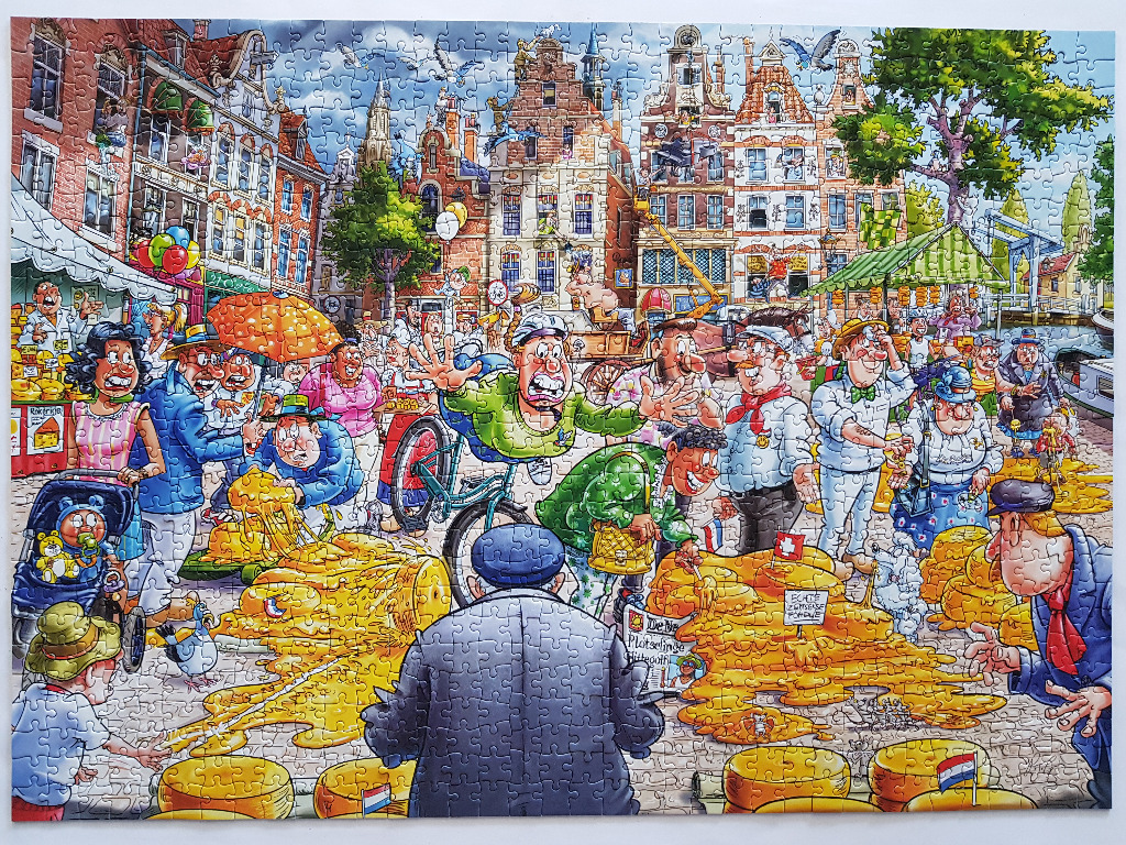Humorous cartoon scene of a Dutch cheese market with a messy spill.