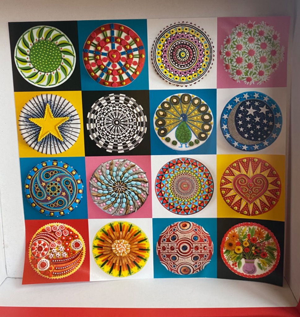 A grid of sixteen circular dot-art designs featuring various floral, geometric, and celestial patterns on colorful background
