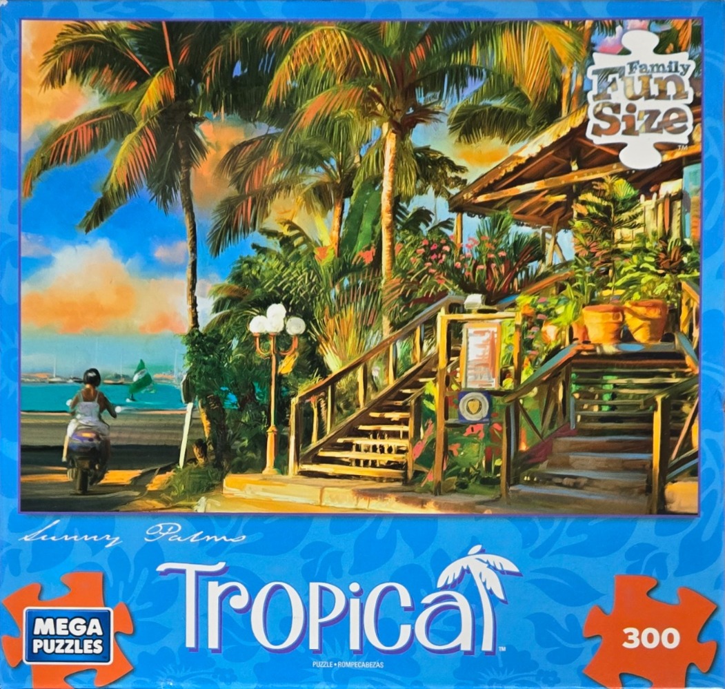 Oil painting of a tropical seaside café with palm trees and a person riding a scooter by the water.