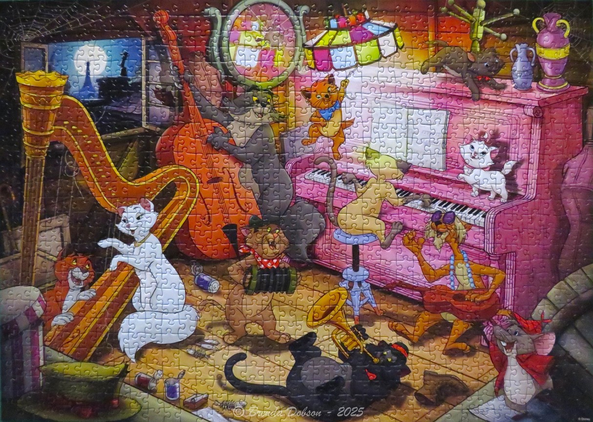 Cartoon scene of a group of cats playing jazz music together in a colorful, whimsical room.