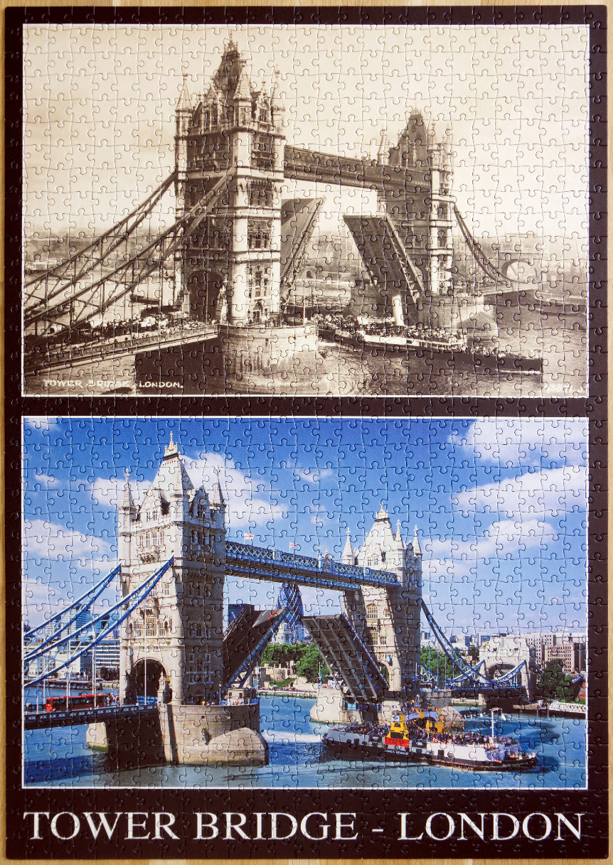 A comparison of Tower Bridge in London, showing a vintage black and white photo above a modern colour photograph.