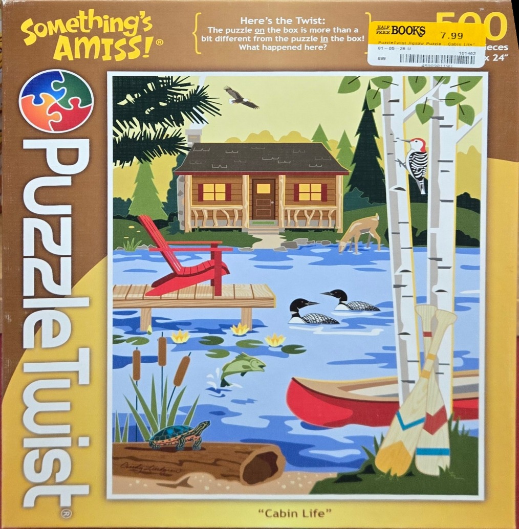 A cartoon illustration of a cozy lake scene with a cabin, dock, boat, and wildlife.